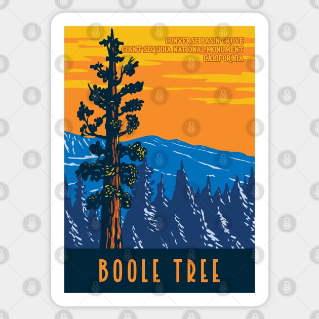 WPA Poster Art of the Boole Tree giant sequoia in Converse Basin Grove of Giant Sequoia National Monument in Sierra Nevada, Fresno County, California Sticker by JohnLucke